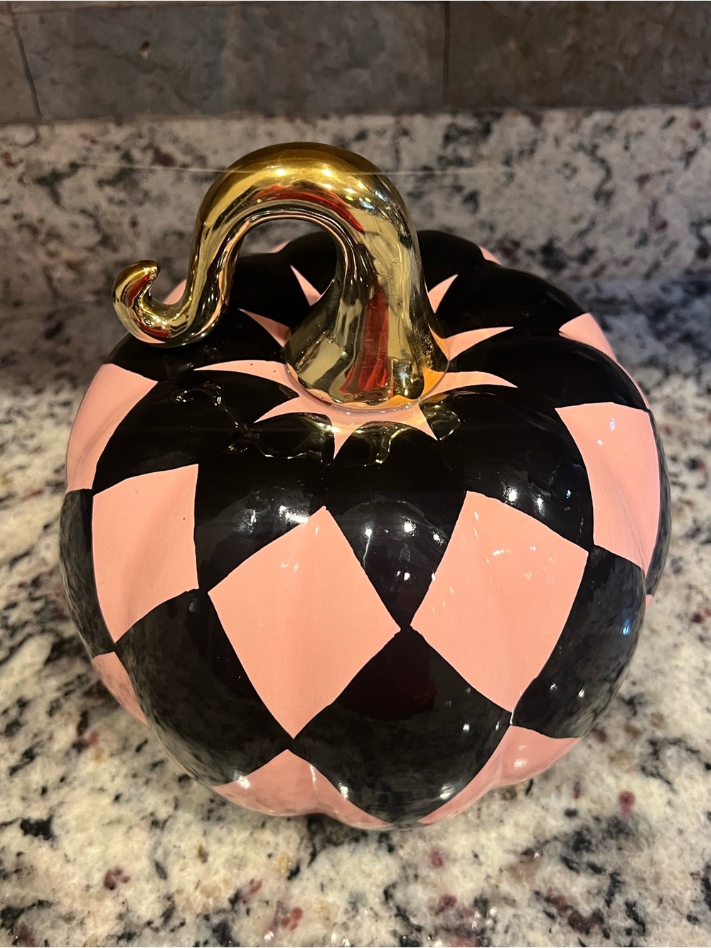Black and Pink Harlequin Pumpkin. Glossy finish with a Gold stem. Like new! - Picture 2 of 8